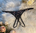 Black Floral Embroidered Crotchless Thong with Pearl Detail