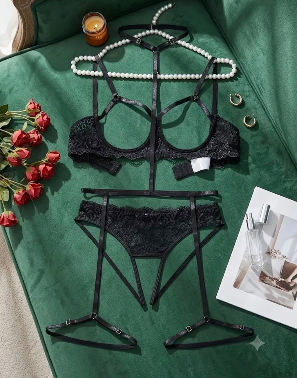 Midnight Bloom Black Lace Harness Lingerie Set