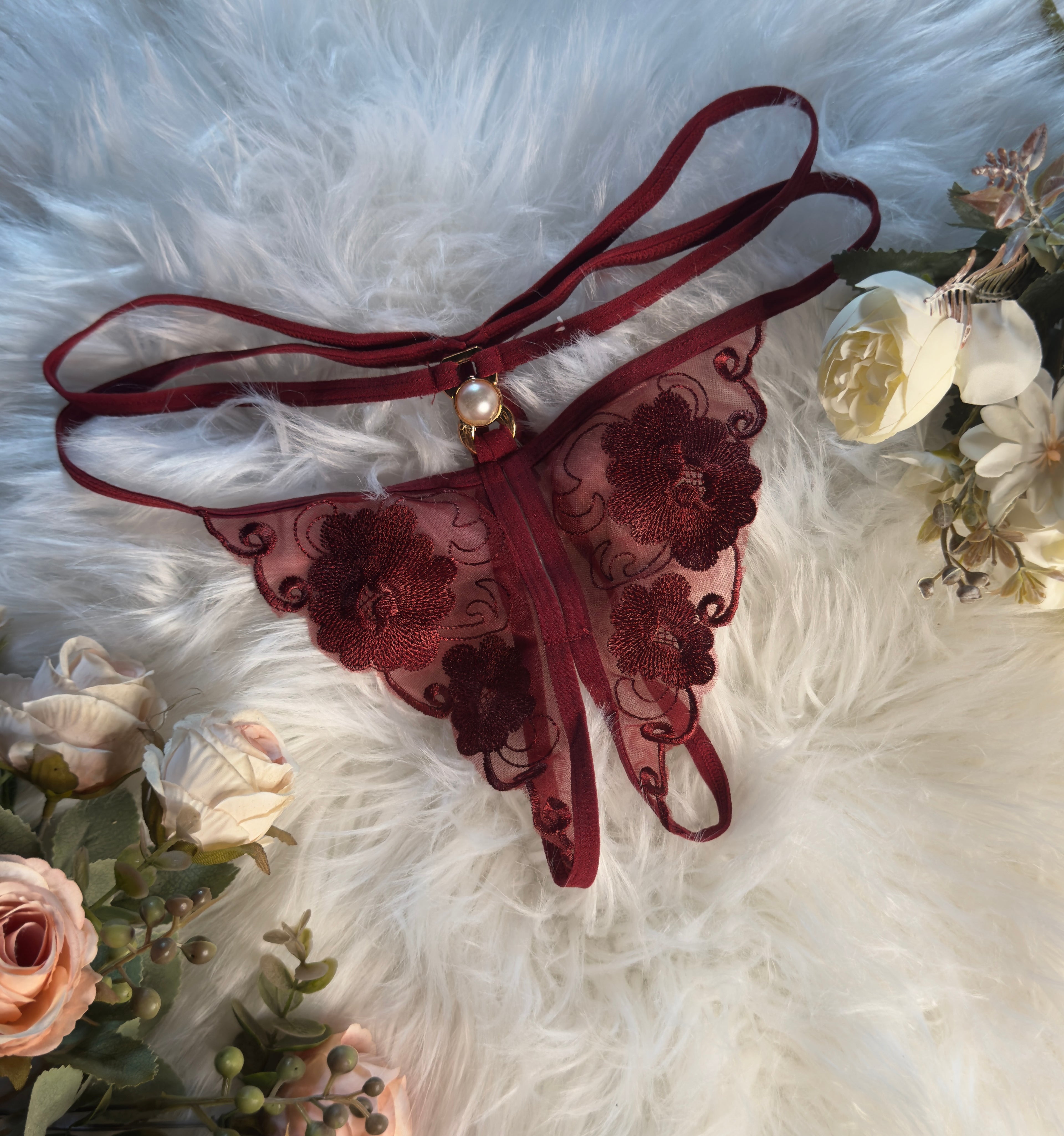 Burgundy Floral Embroidered Tie Thong