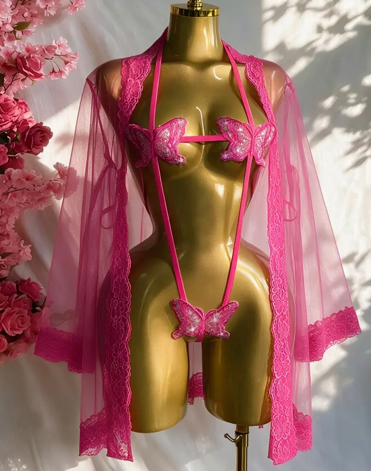Pink Butterfly Lingerie & Sheer Lace-Trim Robe Set