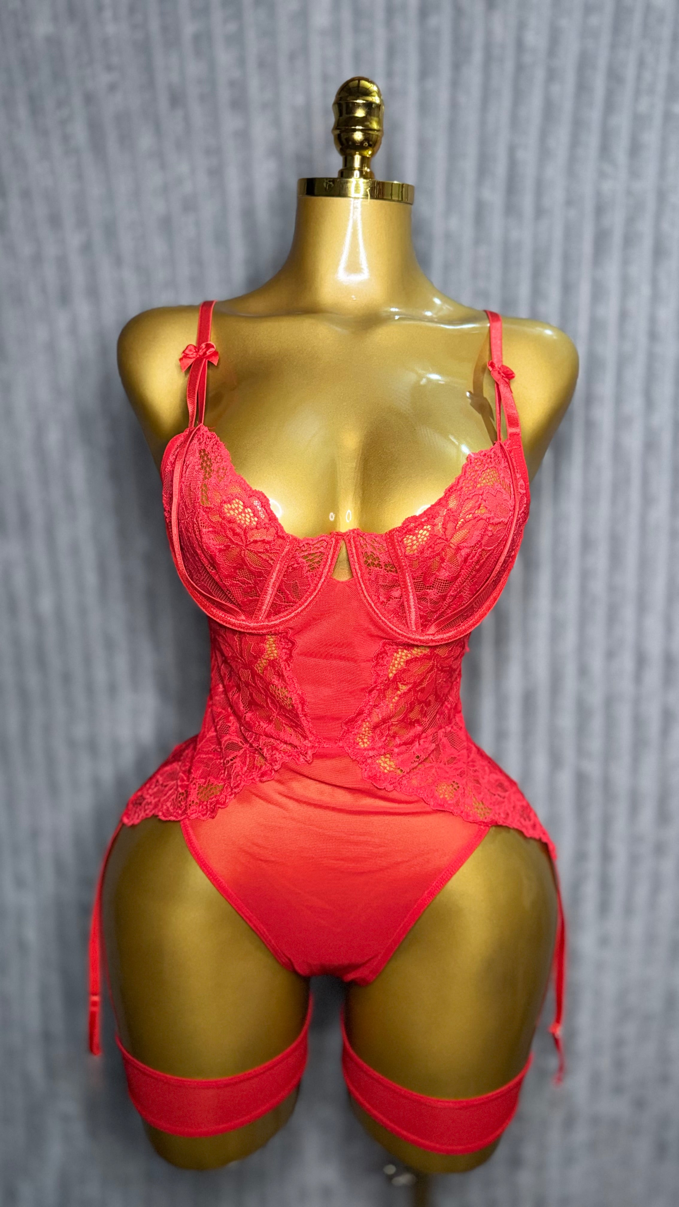 Red Lace Corset Teddy Set with Garter Straps