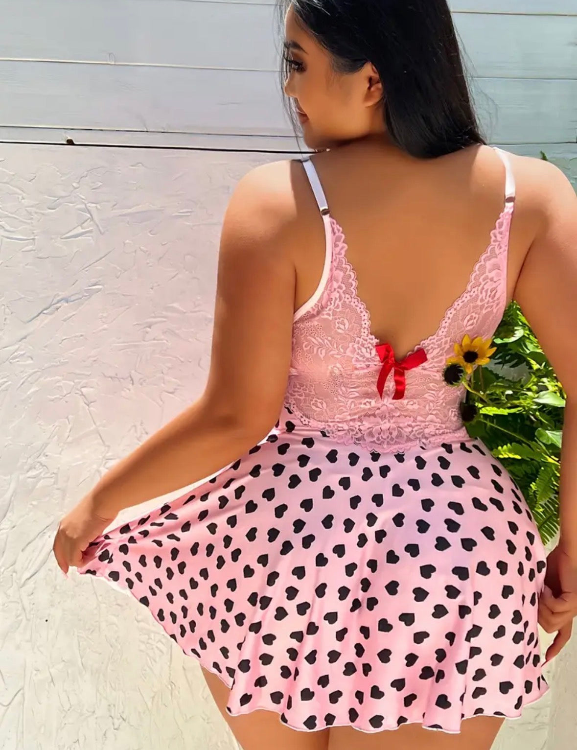 Pink Heart Print Lace Babydoll