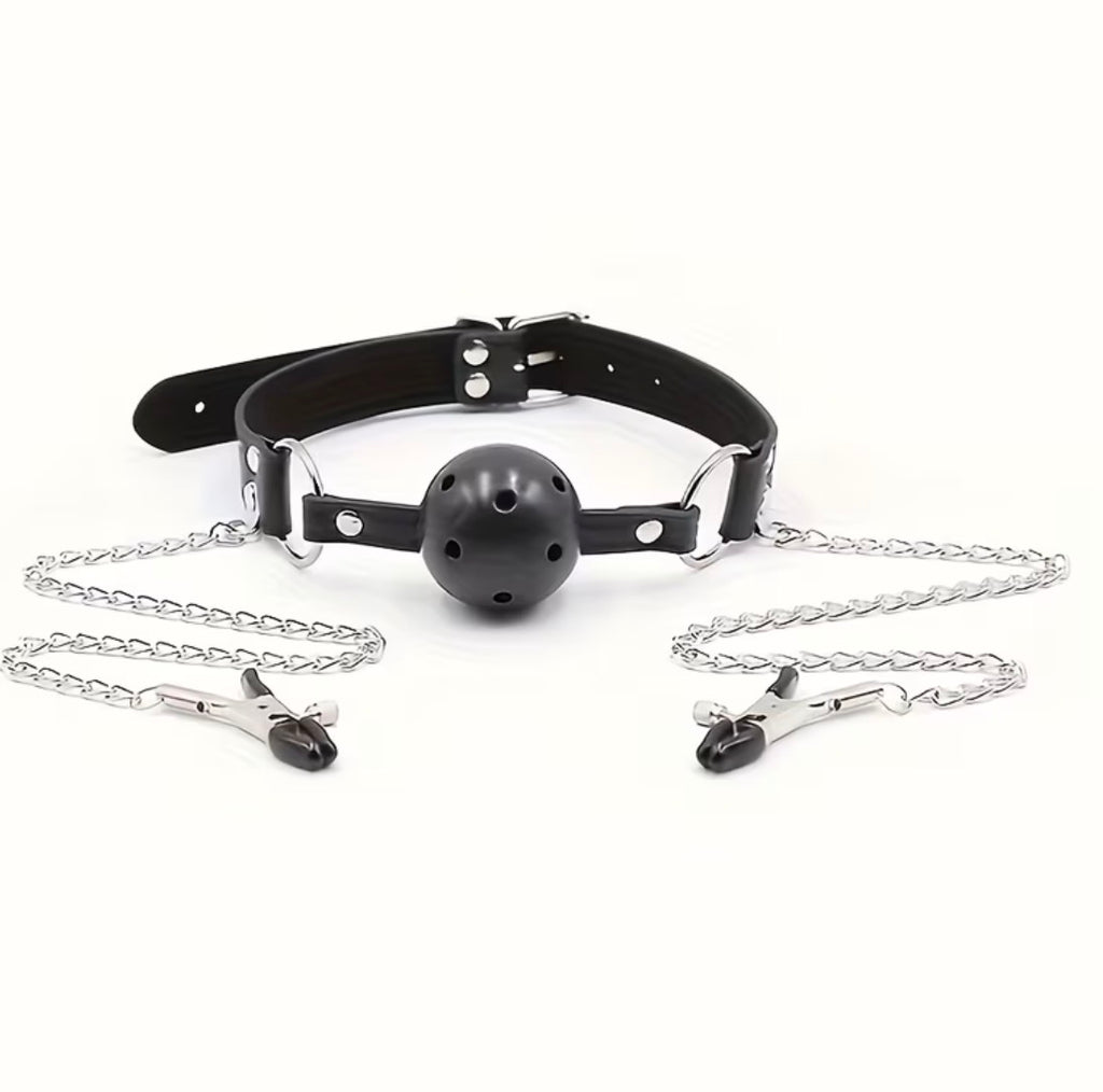 Breathable Ball Gag with Nipple Clamps