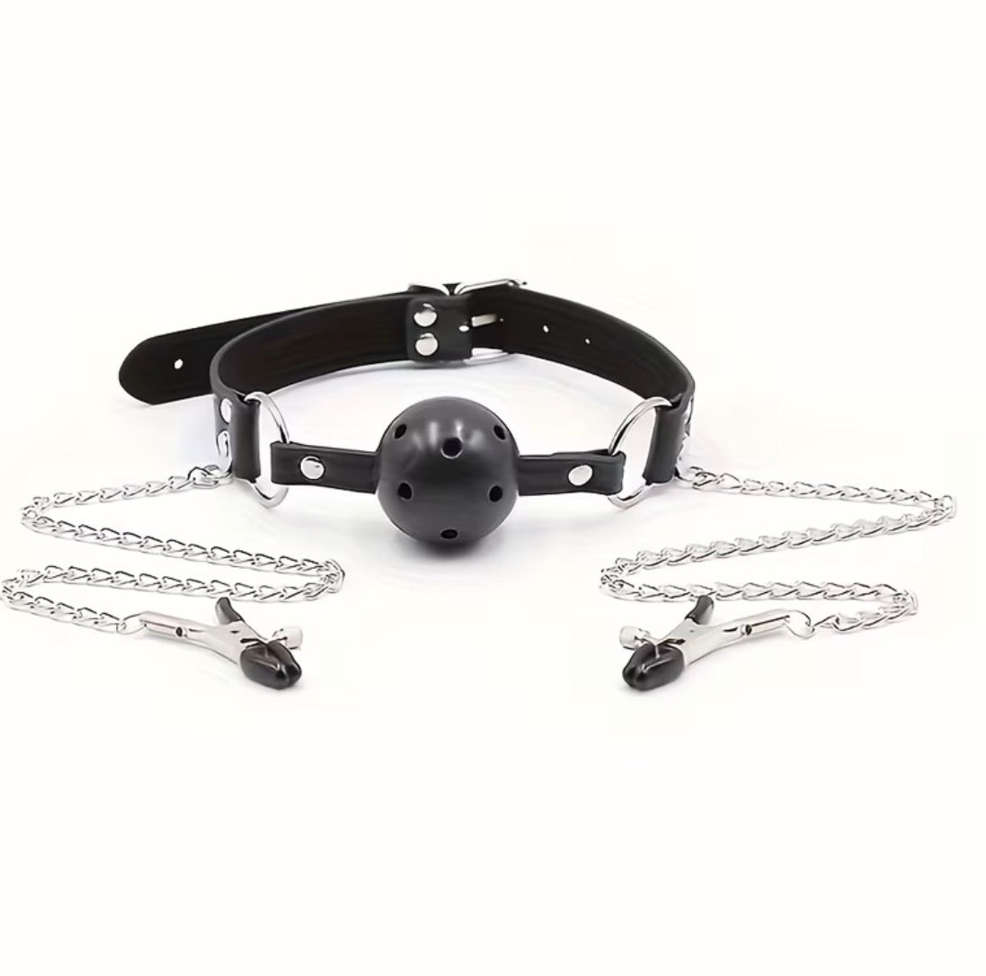 Breathable Ball Gag with Nipple Clamps