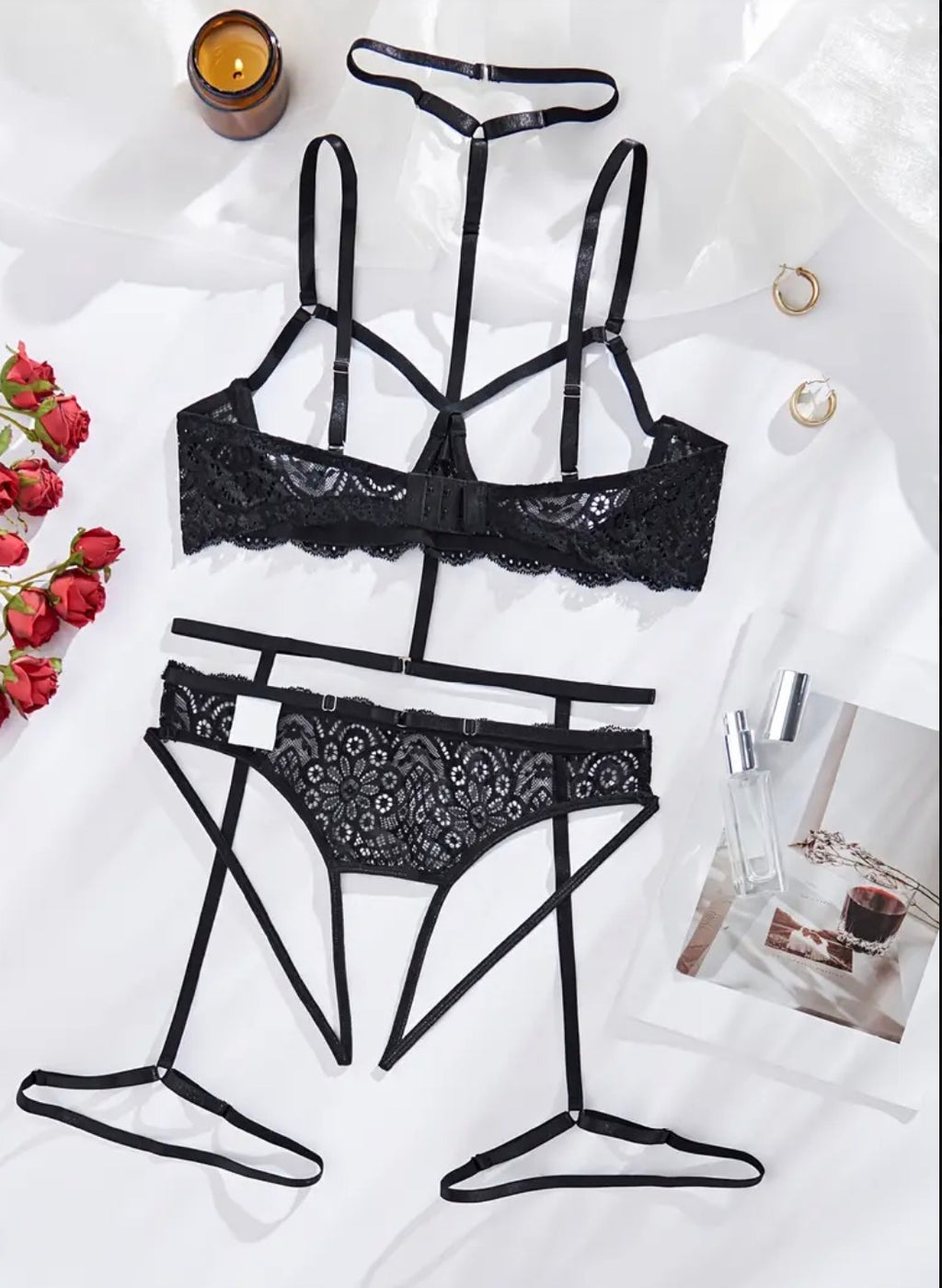 Midnight Bloom Black Lace Harness Lingerie Set