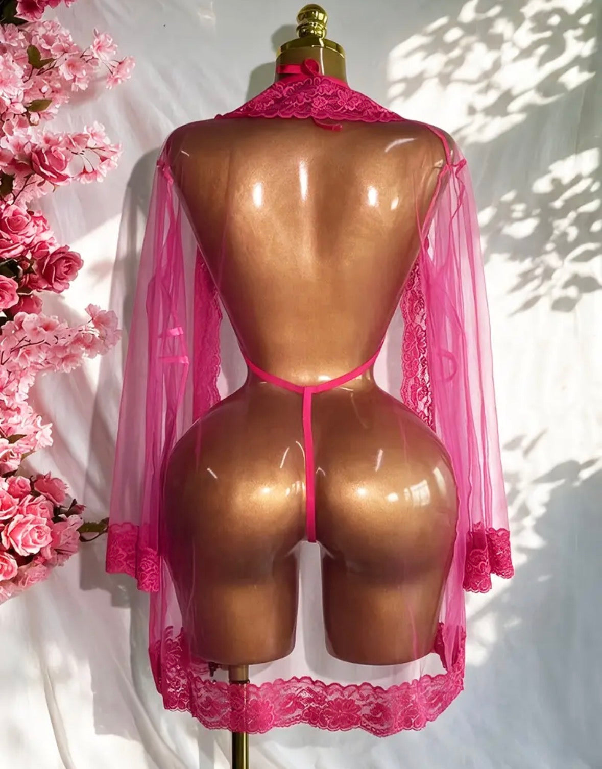 Pink Butterfly Lingerie & Sheer Lace-Trim Robe Set