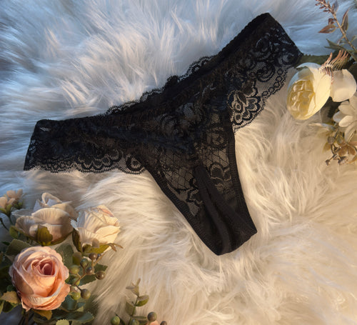 Black Floral Lace Thong