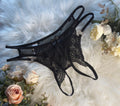 Black Lace Strappy Crotchless Thong with Bow