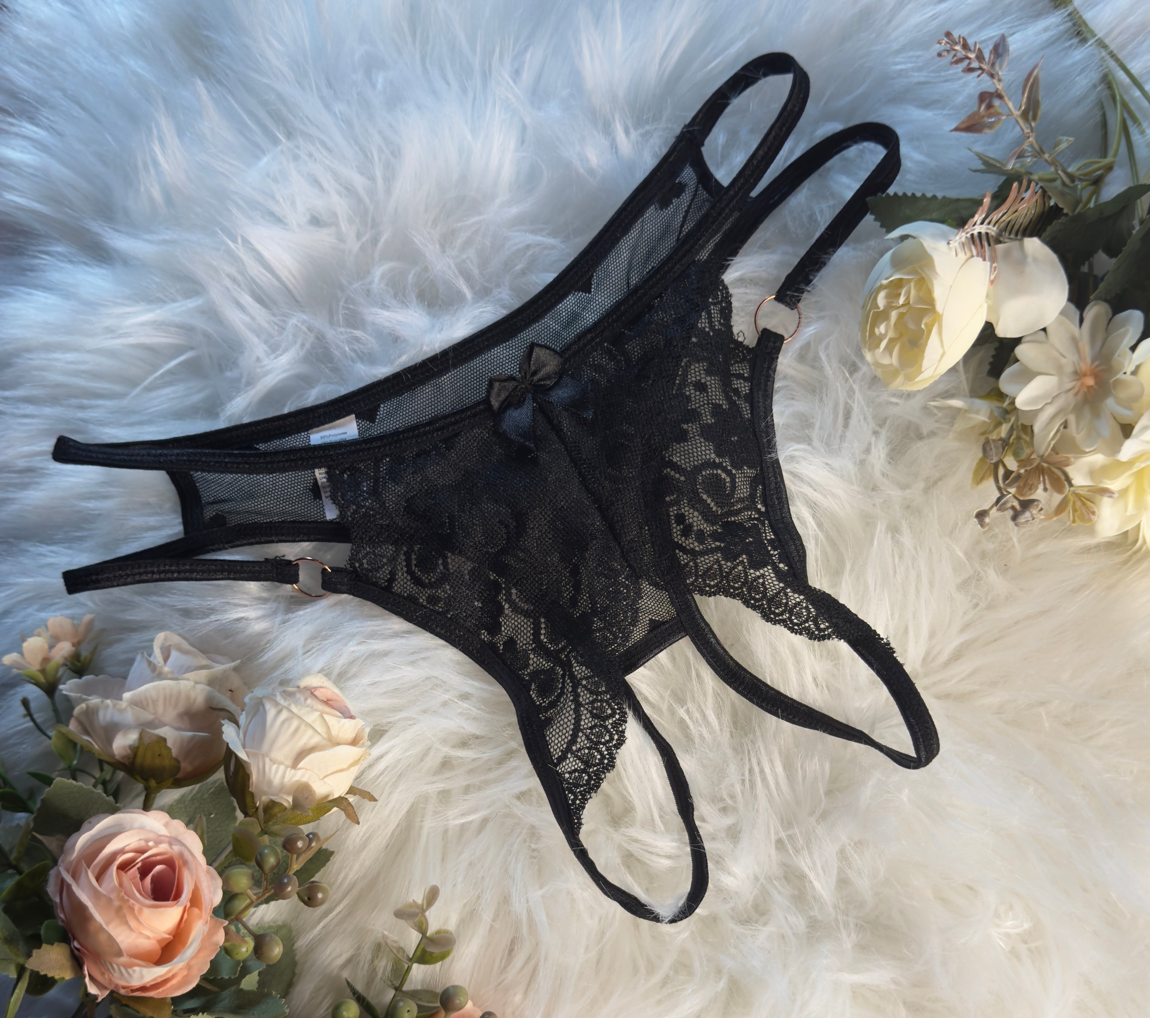 Black Lace Strappy Crotchless Thong with Bow