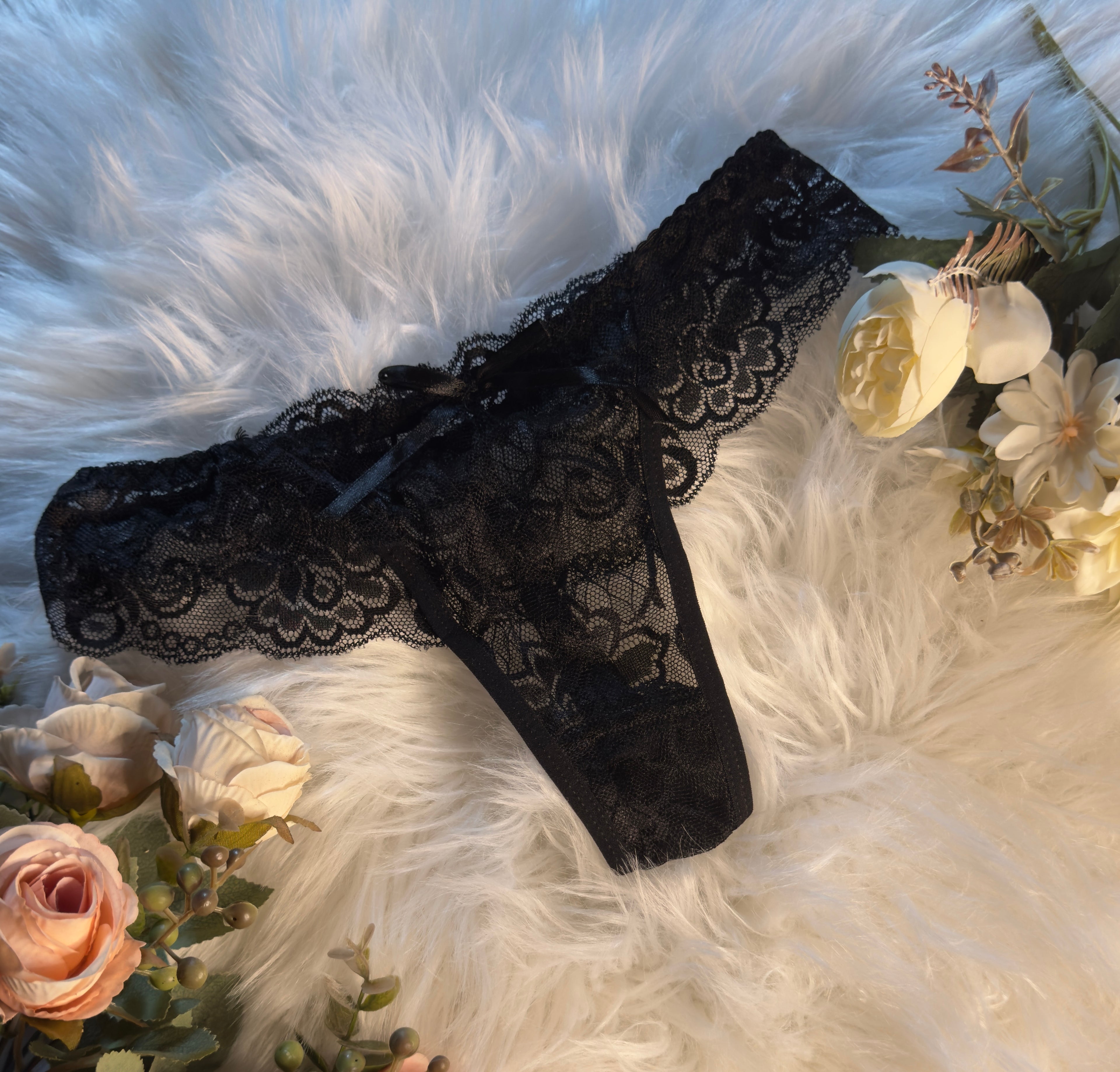 Black Floral Lace Thong with Scalloped Waistband
