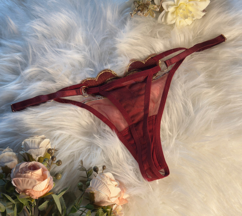 Burgundy Mesh Thong with Gold Heart Embroidery