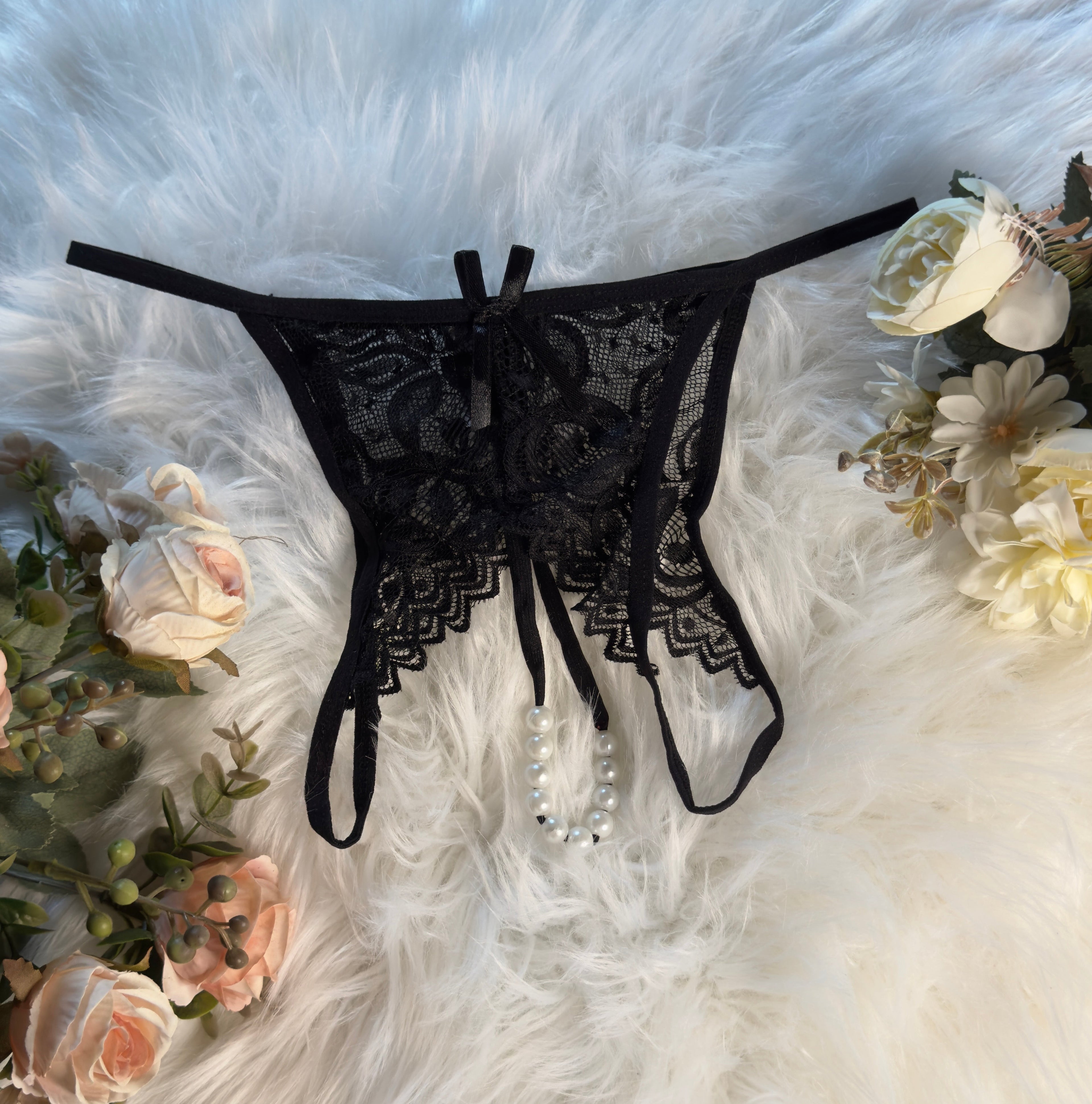 Black Lace Pearl Crotchless Thong