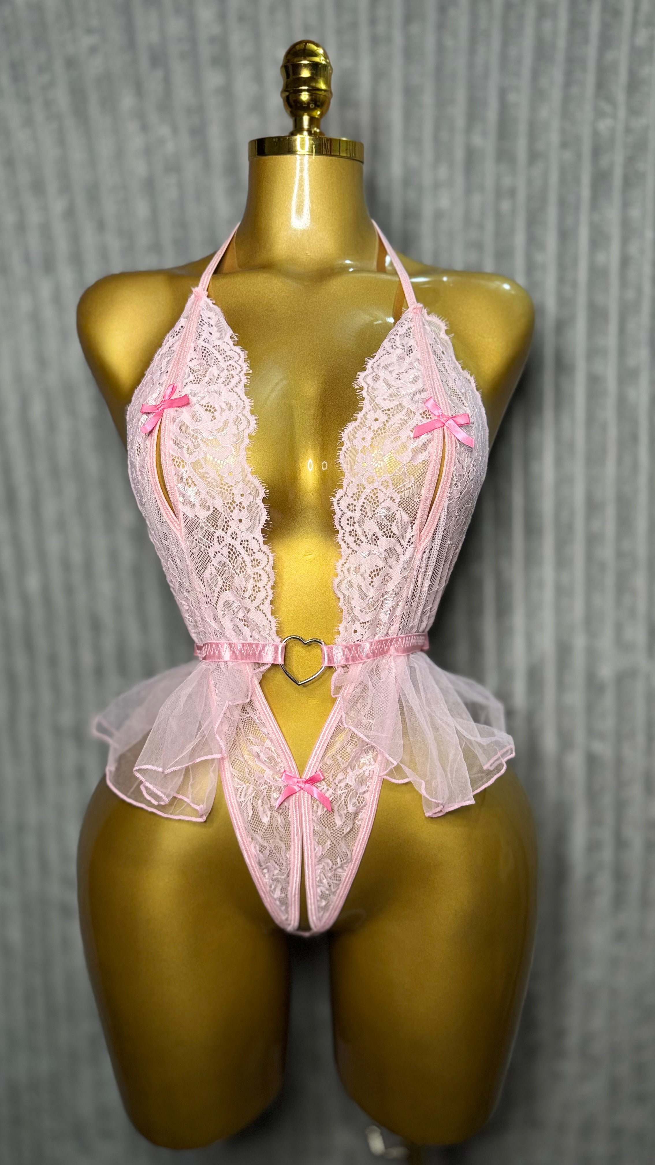Pink Lace Teddy Lingerie with Bow
