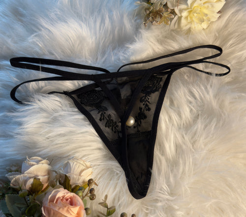 Black Floral Embroidered Mesh Thong with Pearl