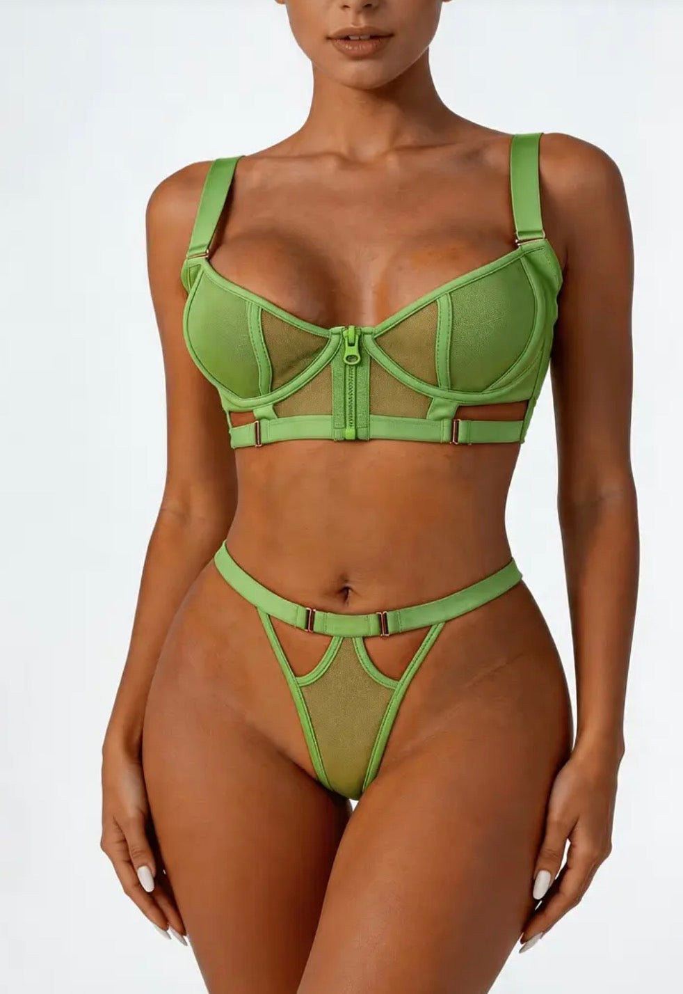 Emerald Edge Strappy Mesh Lingerie Set