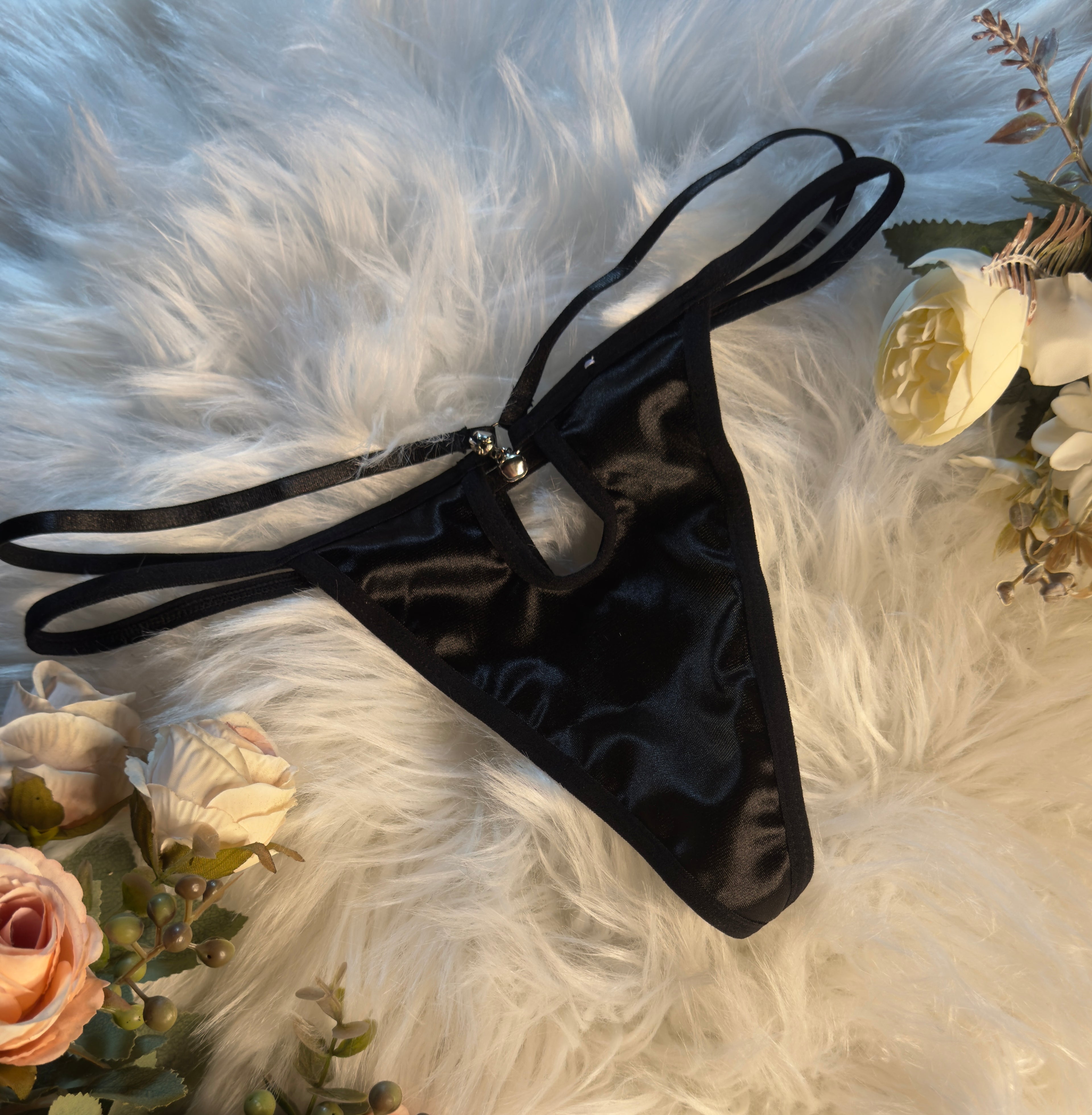 Black Satin Double-Strap G-String with Silver Hardware