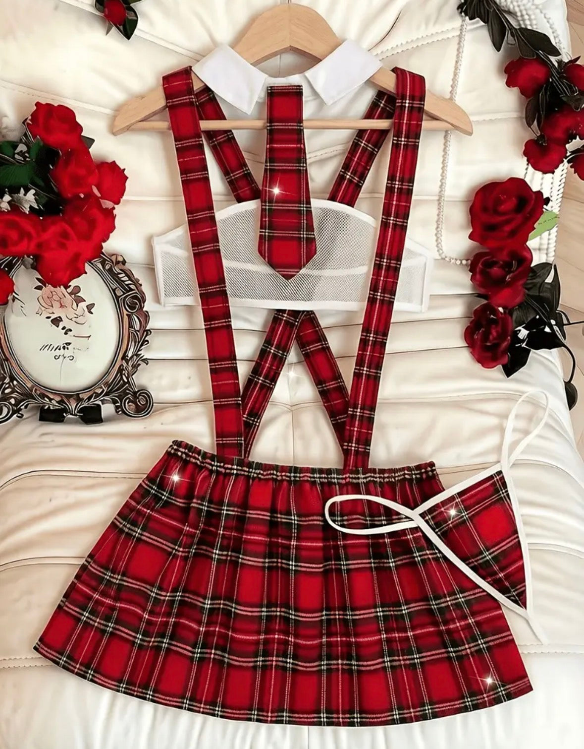 Red Plaid Suspender Skirt Lingerie Costume Set