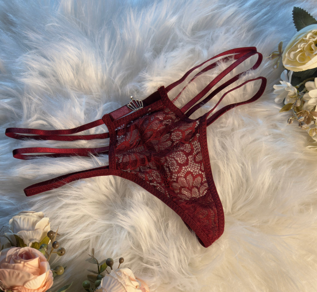 Burgundy Strappy Lace Thong with Crown Charm