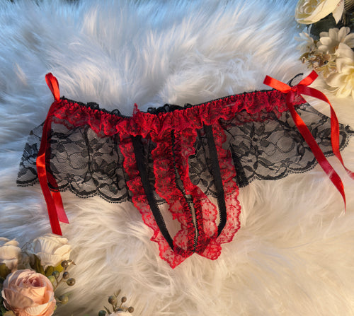 Black & Red Crotchless Ruffle Lace Panty