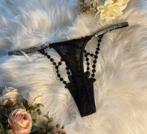 Black Beaded Design V-String Thong with Butterfly Appliqué