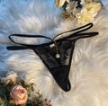 Black Floral Embroidered Mesh Thong with Pearl