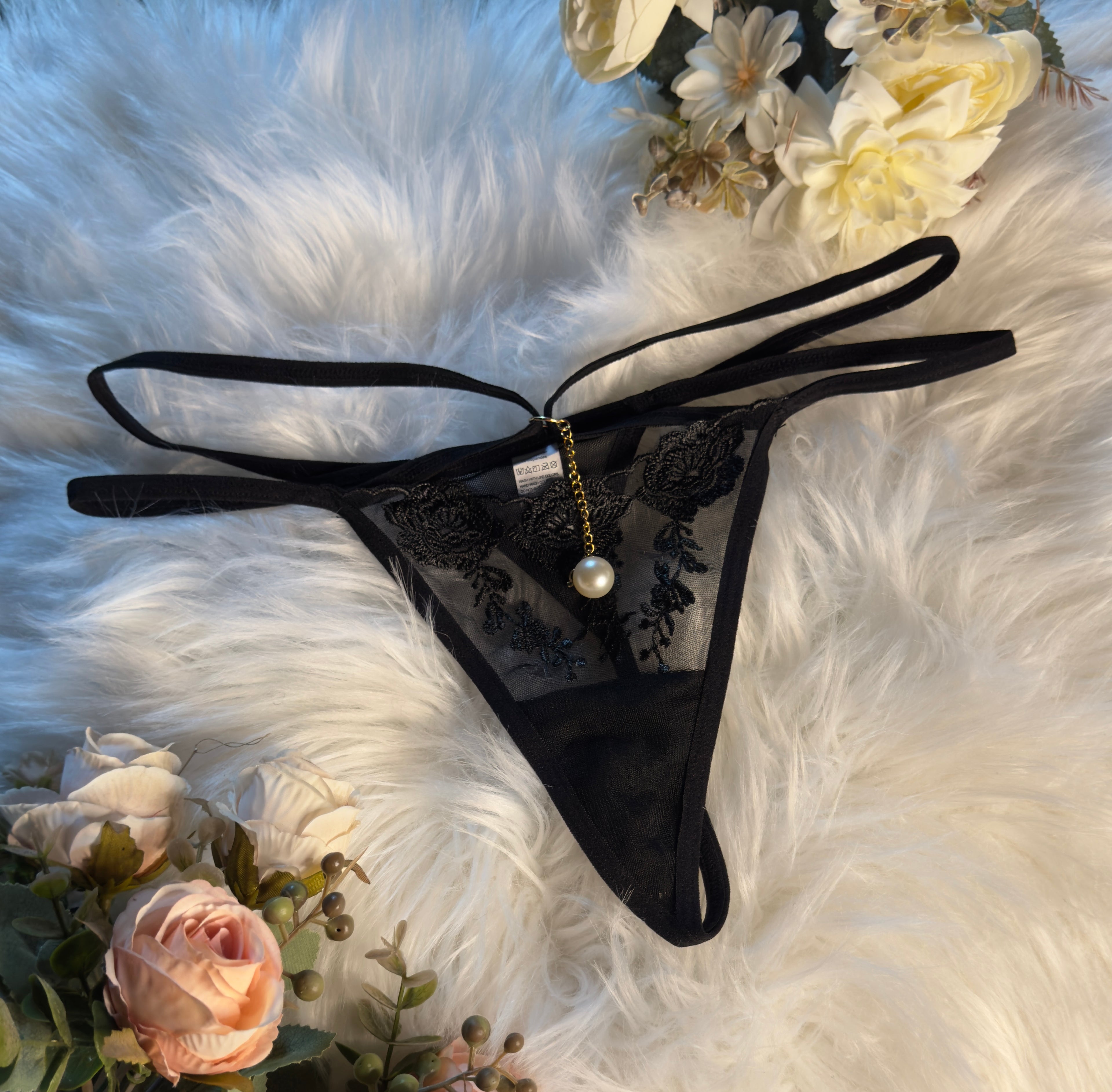 Black Floral Embroidered Mesh Thong with Pearl Drop