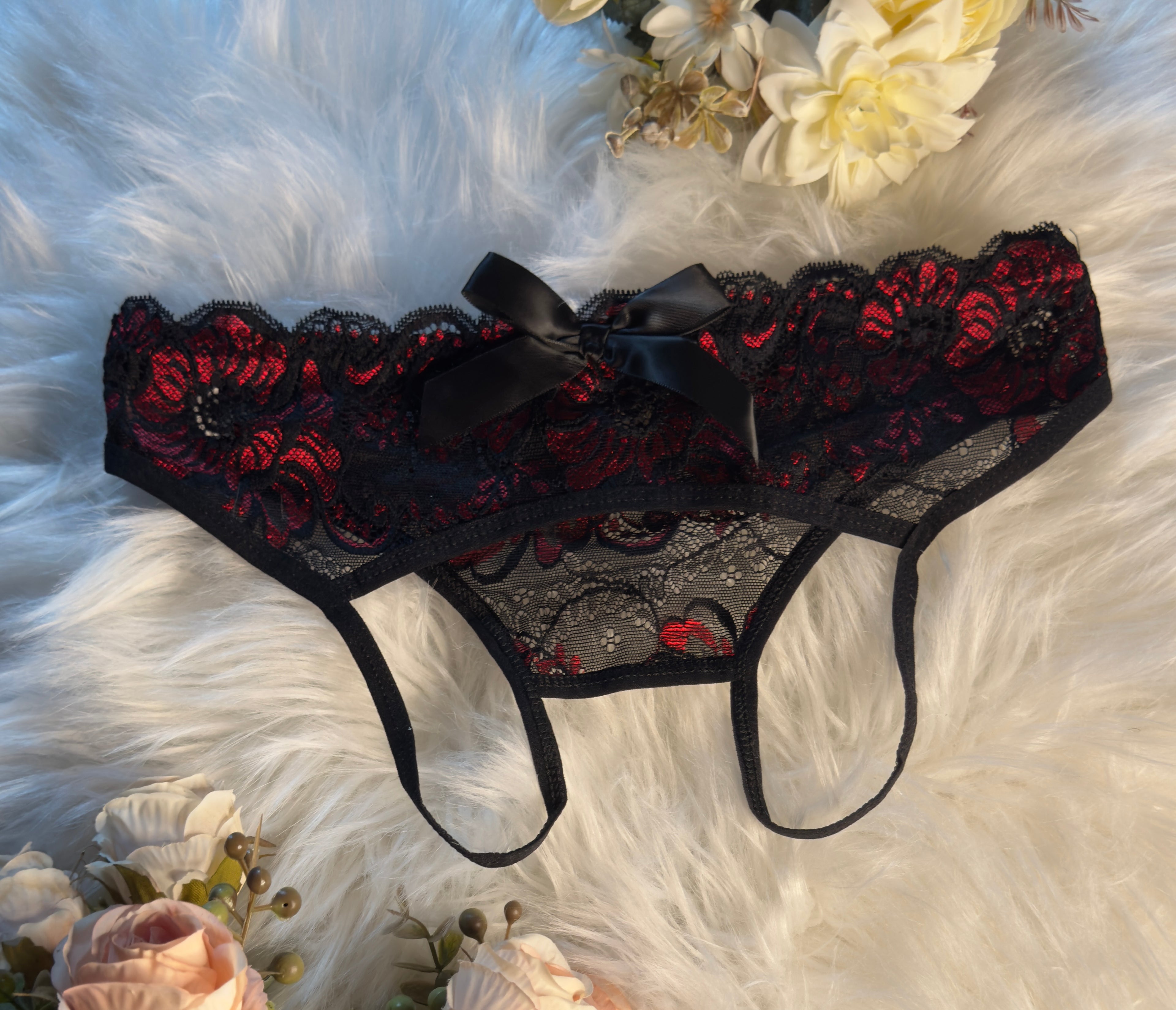 Black & Red Floral Lace Crotchless Panty
