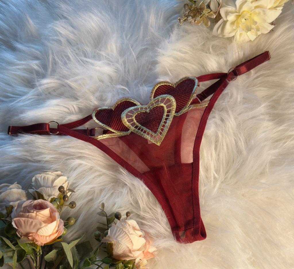 Burgundy Mesh Thong with Gold Heart Embroidery