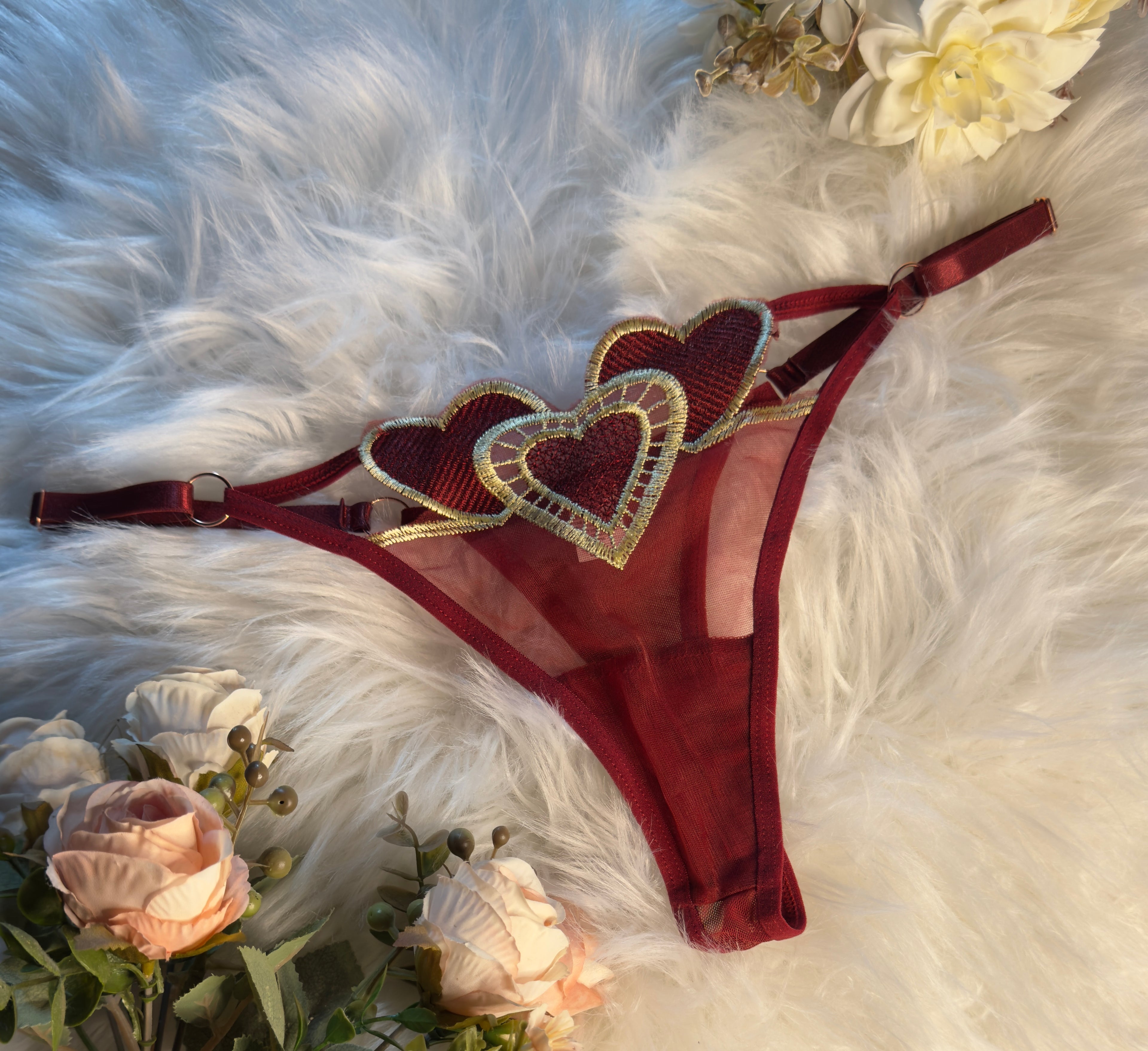 Burgundy Mesh Thong with Gold Heart Embroidery