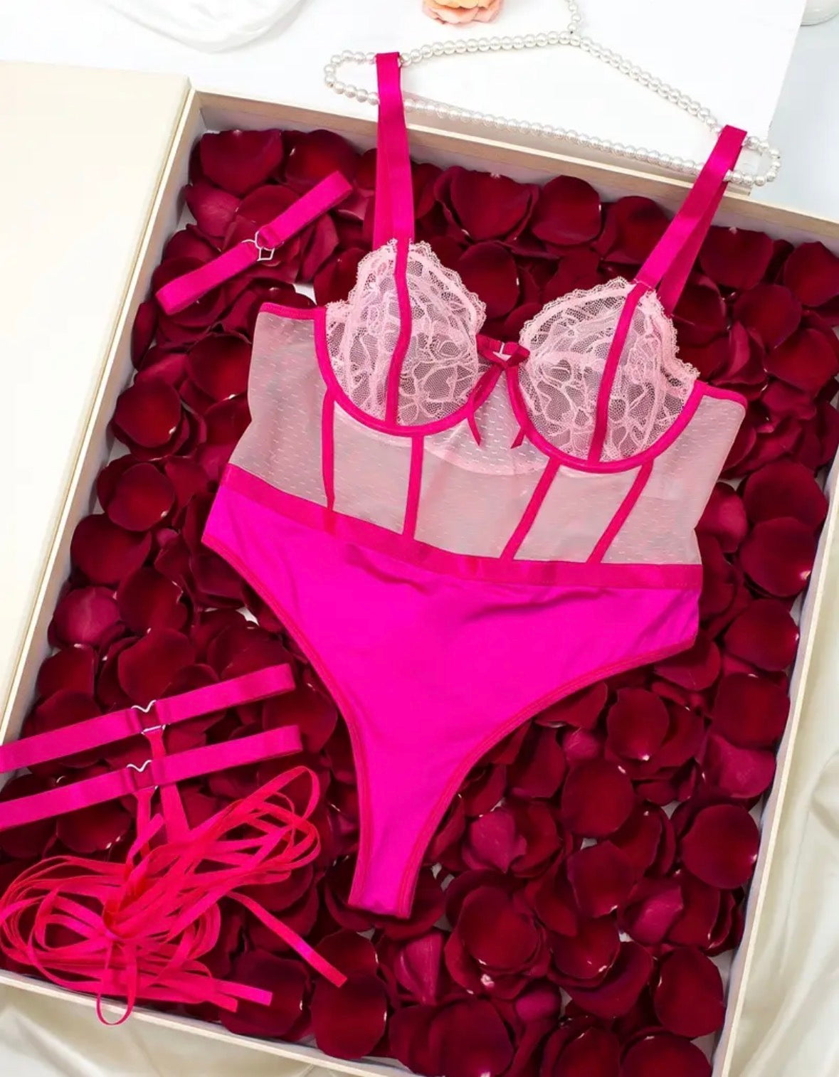 Pink Passion Lace & Mesh Lingerie Bodysuit