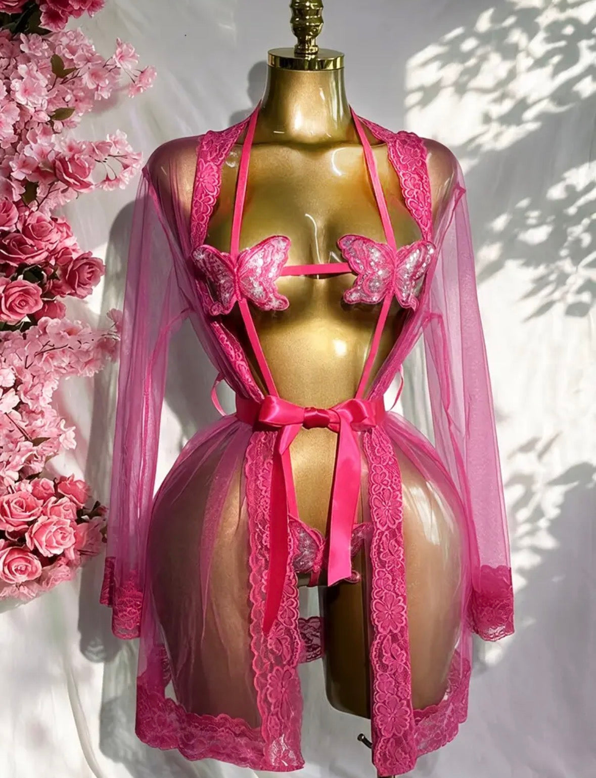 Pink Butterfly Lingerie & Sheer Lace-Trim Robe Set
