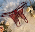 Wine Embroidered Crotchless Thong with Pearl Chain & Flower Charm