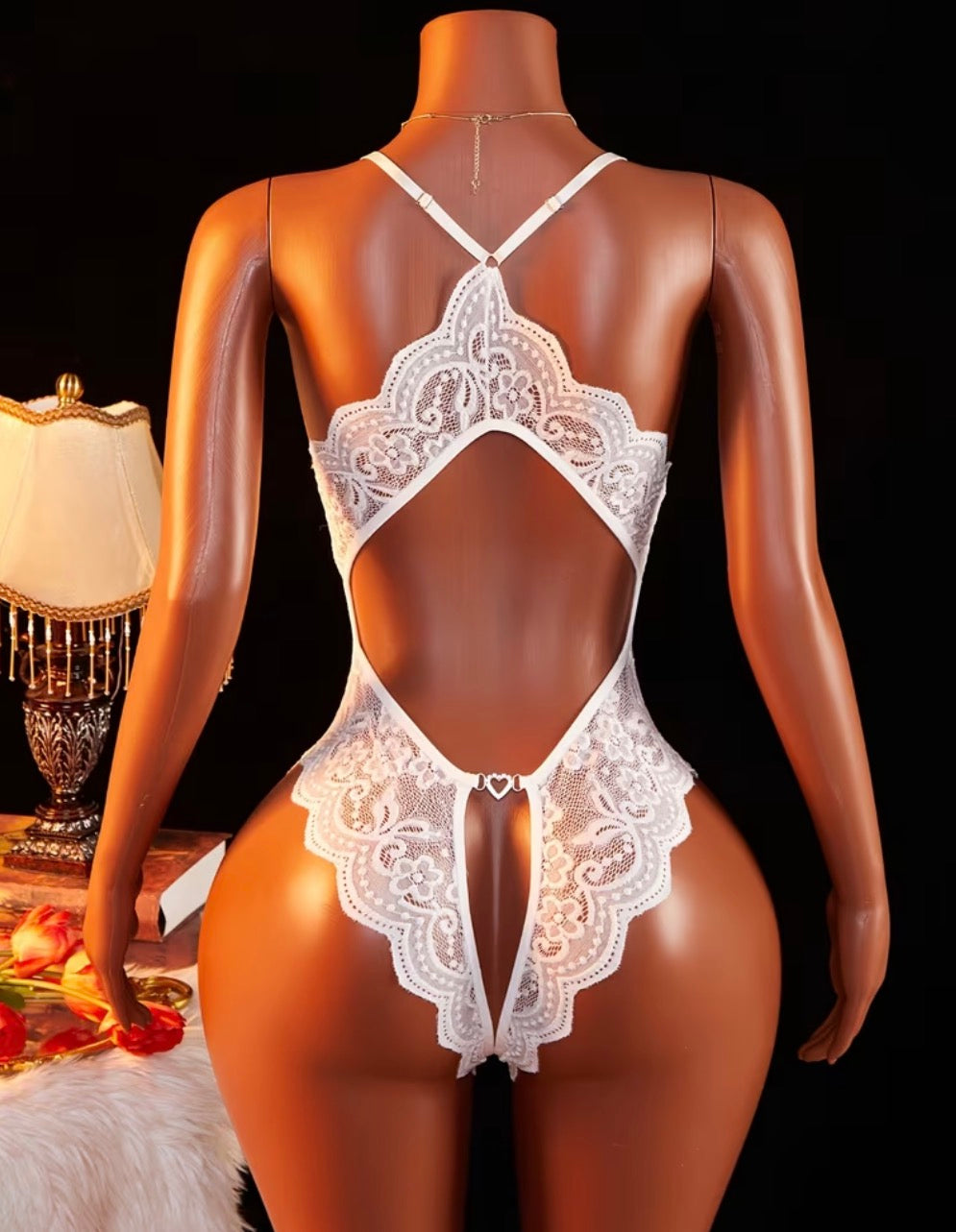 White Floral Crotchless Lace Teddy