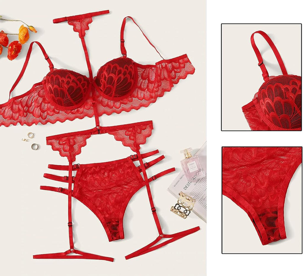 Scarlet Seduction Lace Garter Lingerie Set
