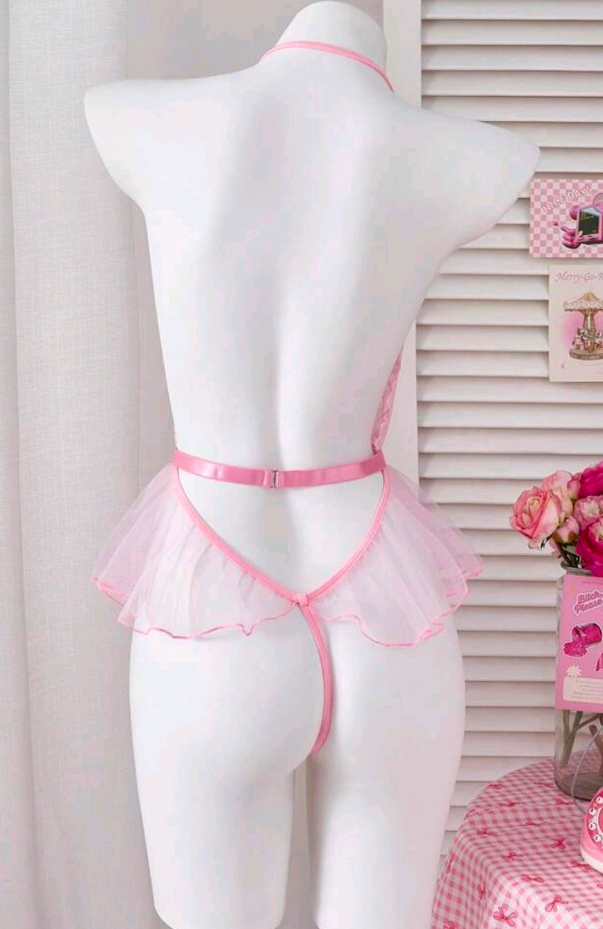 Pink Lace Teddy Lingerie with Bow