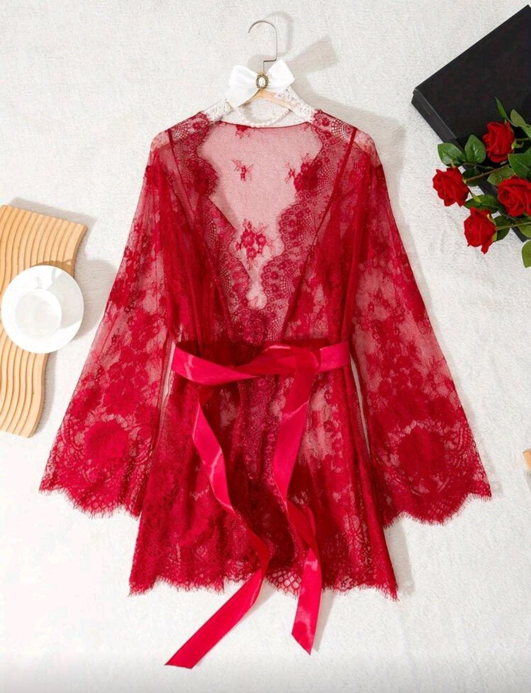Semi-Transparent Lace Robe with Belt
