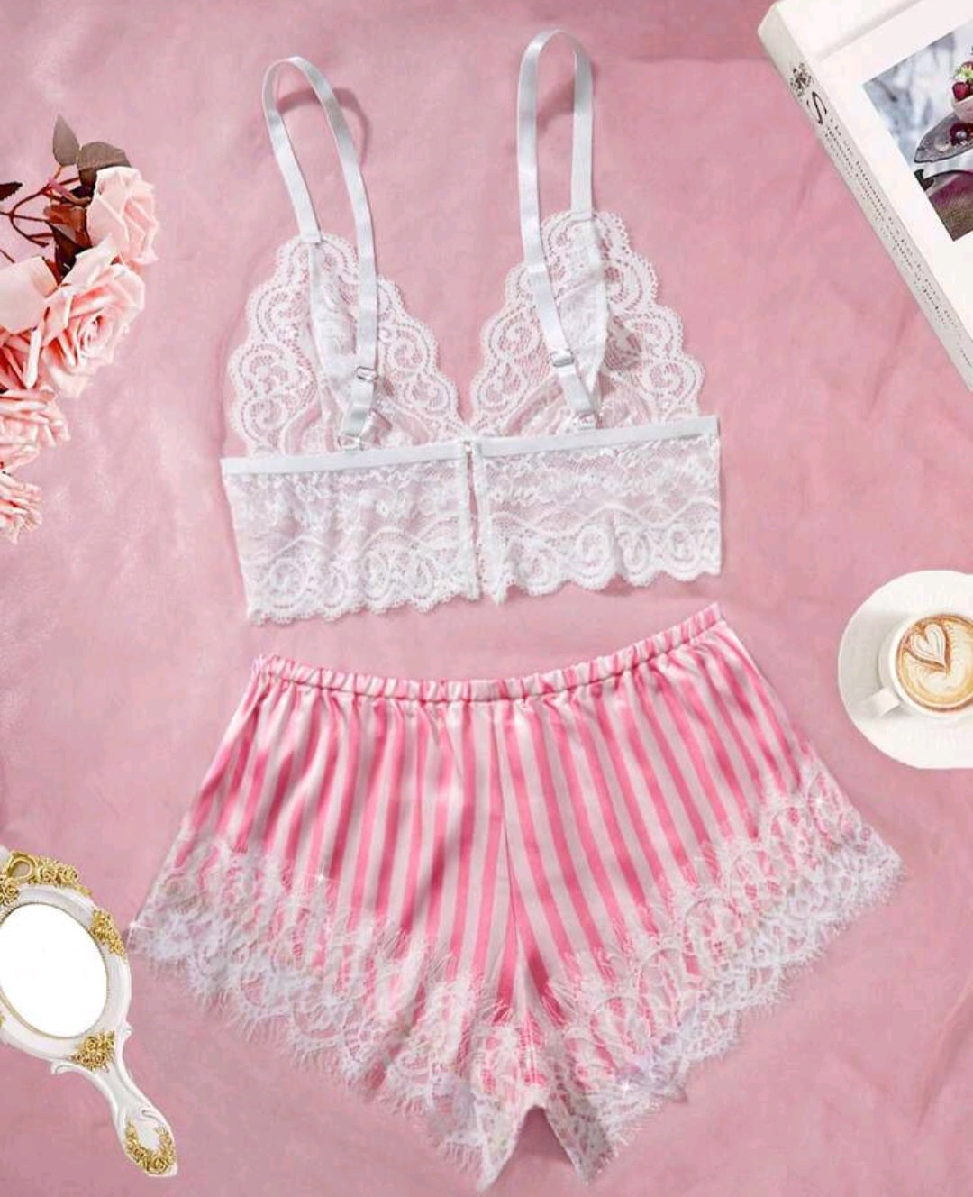 Striped Satin Lace Lingerie Set