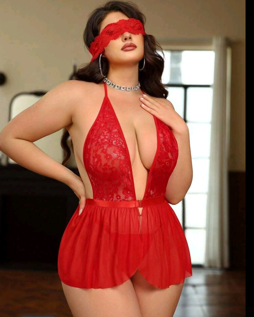 3 Pieces Plus Size Lace Contrast Mesh Halter Back Babydoll Lingerie