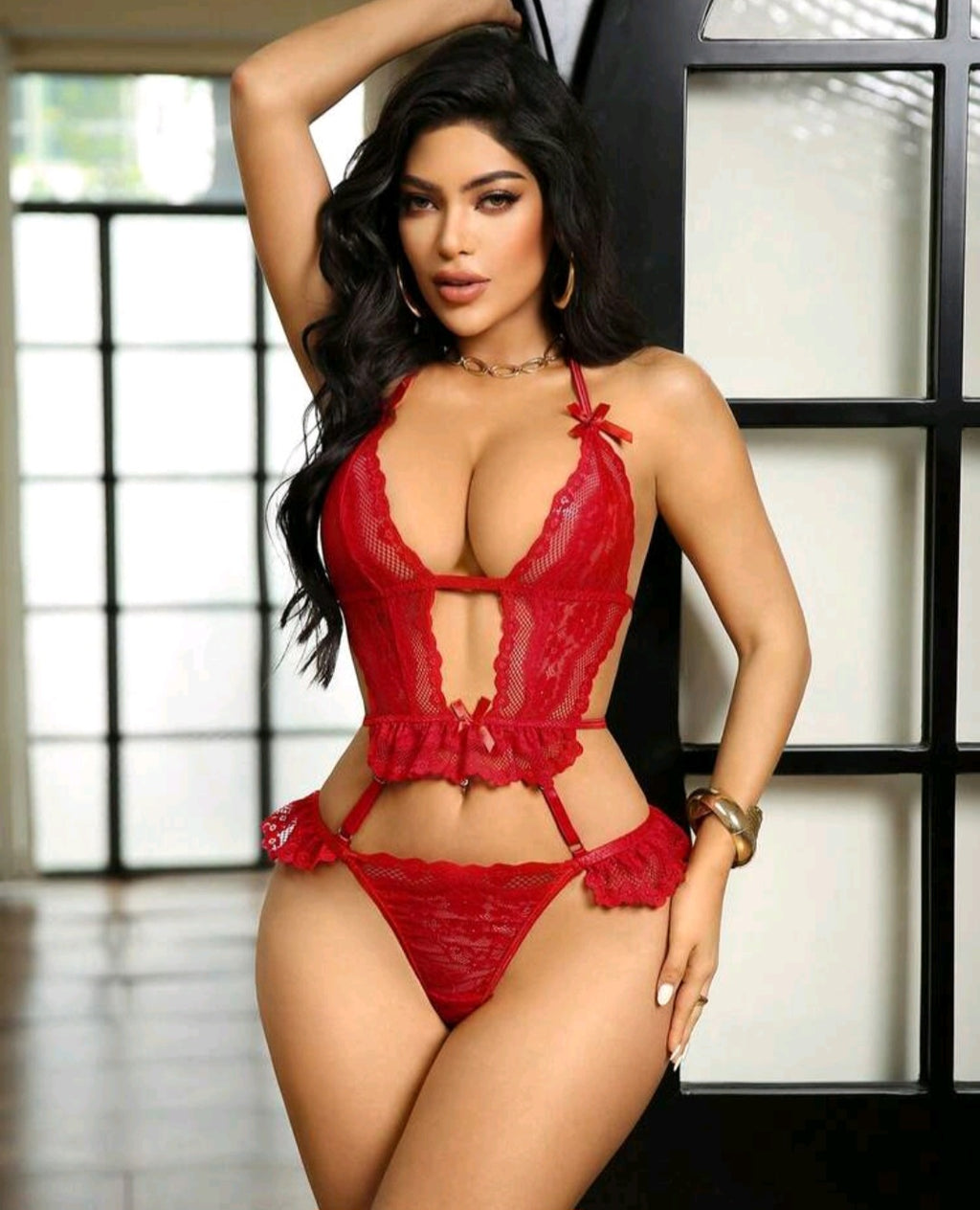 Red Lace Halter Teddy Lingerie Set