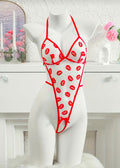 Crotchless Kiss Print Sheer Bodysuit