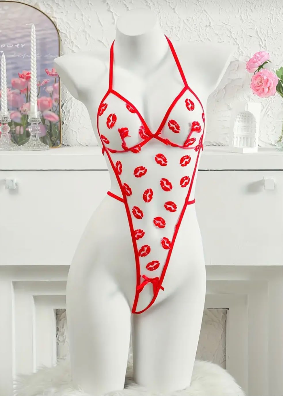 Crotchless Kiss Print Sheer Bodysuit