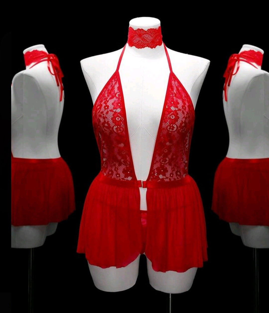 3 Pieces Plus Size Lace Contrast Mesh Halter Back Babydoll Lingerie