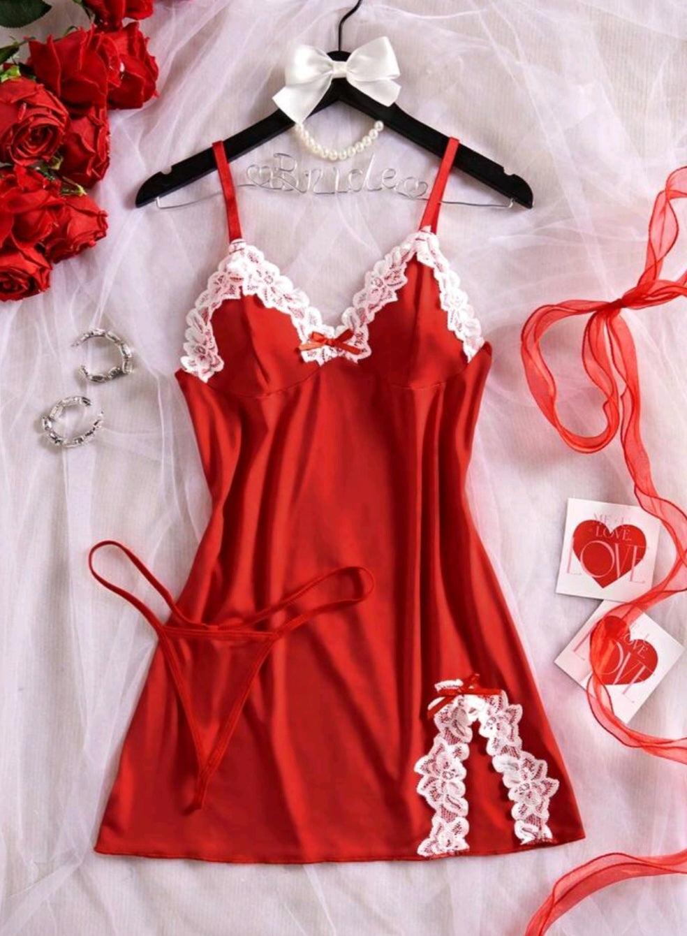 Lace Contrast Split Lingerie Dress with G-String