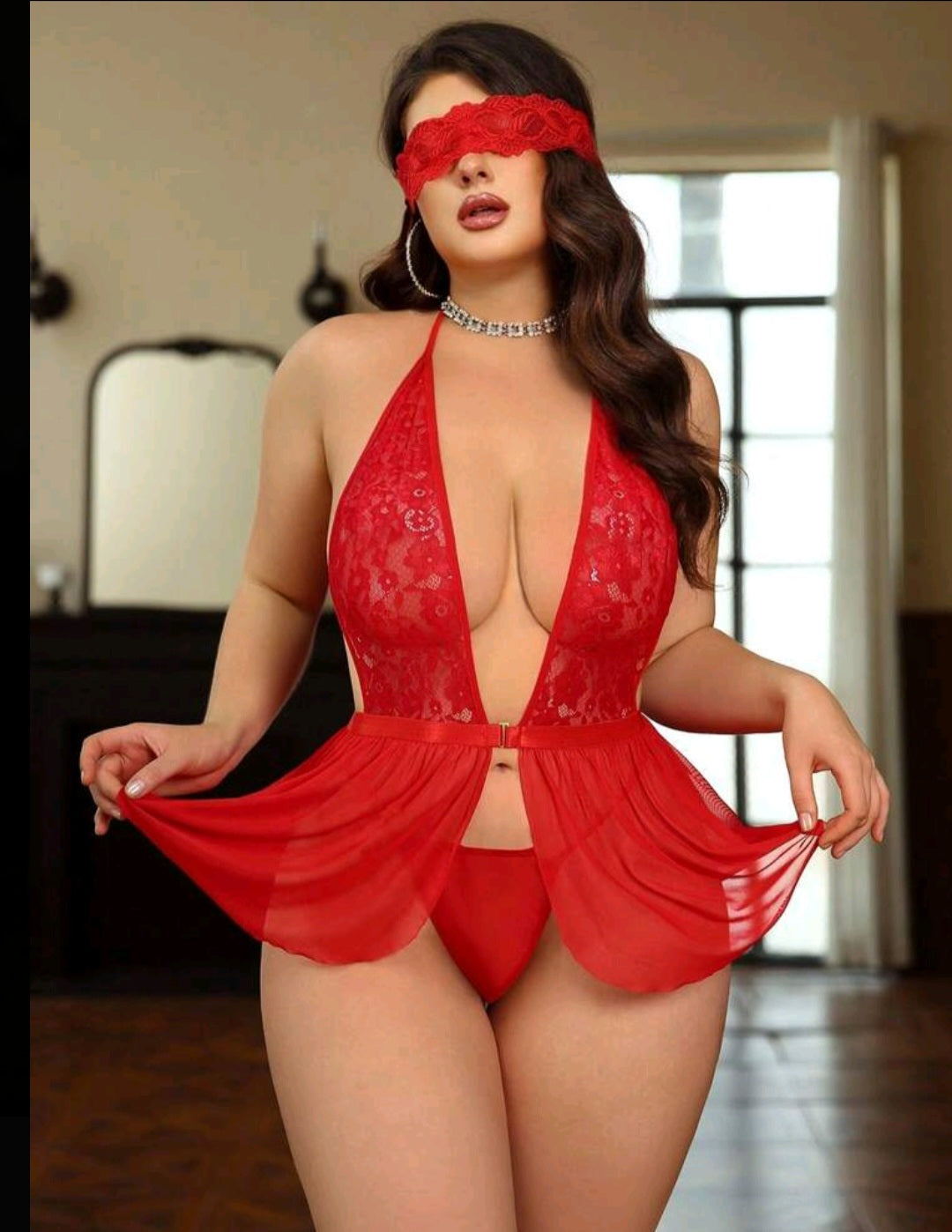 3 Pieces Plus Size Lace Contrast Mesh Halter Back Babydoll Lingerie