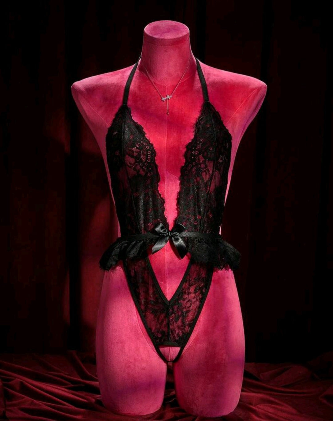 Crotchless Deep Plunge Lace Halter  Bodysuit
