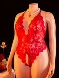 Plus Size Red Floral Lace Teddy Bodysuit with Criss-Cross Back