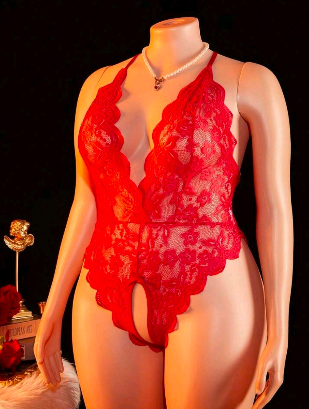 Plus Size Red Floral Lace Teddy Bodysuit with Criss-Cross Back