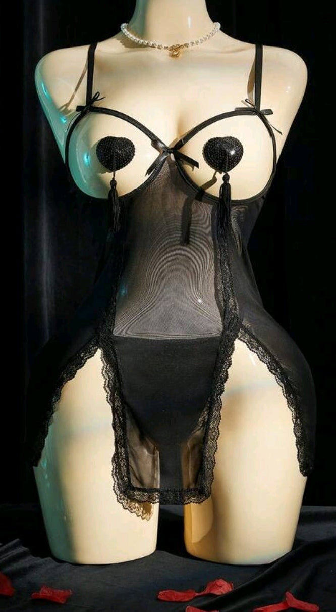 Black Sheer Mesh Babydoll with Heart Pasties & Tassels