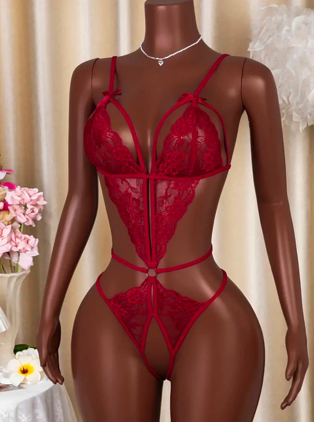 Deep V Floral Hollow Out Teddy Lingerie