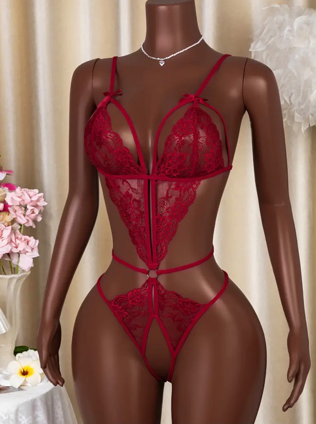 Deep V Floral Hollow Out Teddy Lingerie
